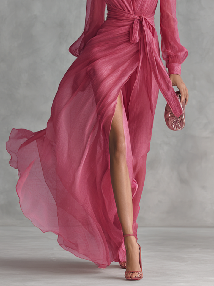 Chic women's pink maxi party dress with a flattering V-neck, ideal for wedding guests & evening events.