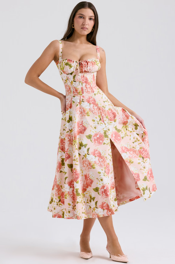 Elegant blue lace-up midi dress for women, featuring a classic corset style. Ideal party attire.