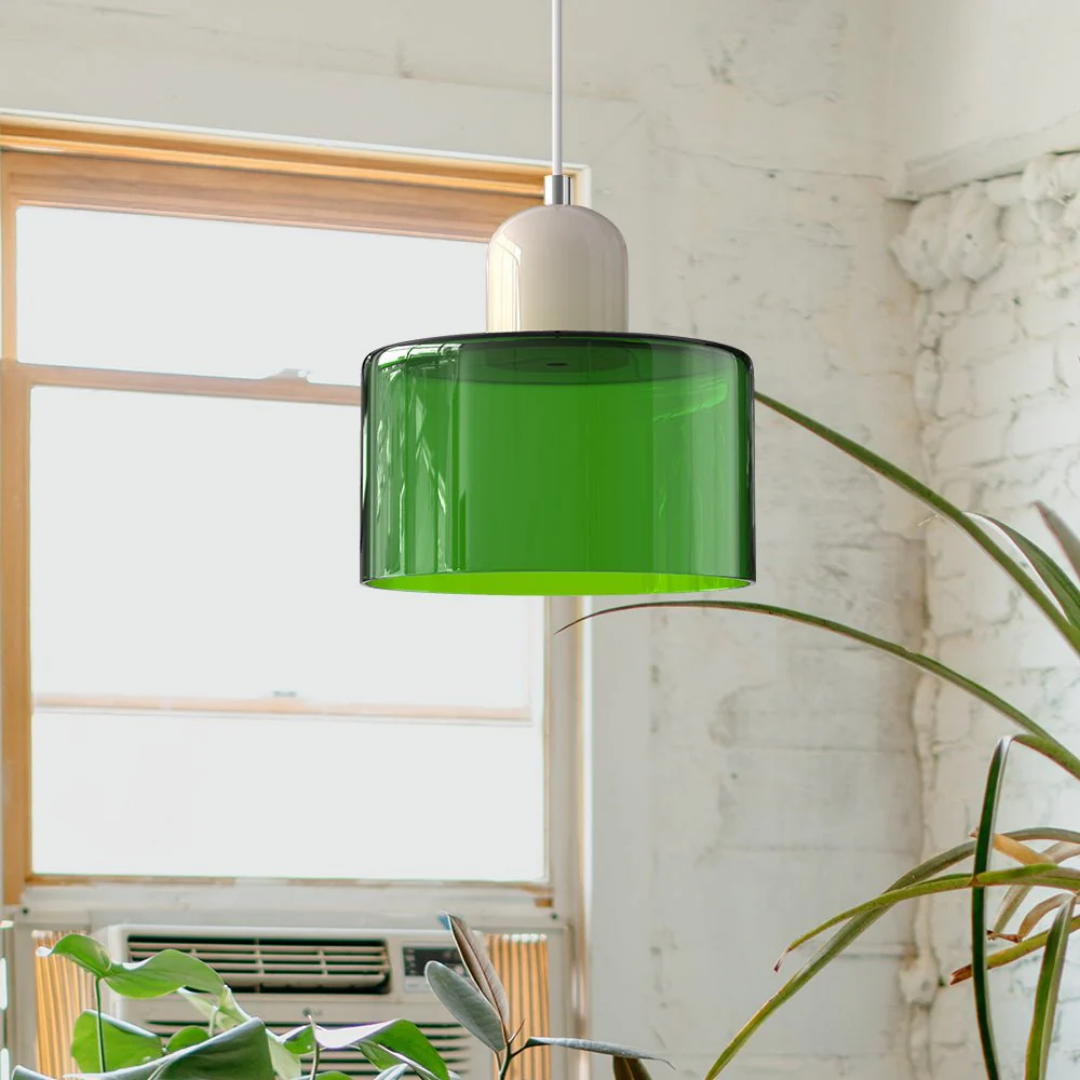 Charming retro glass shade pendant, adjustable for cozy, warm atmosphere lighting.