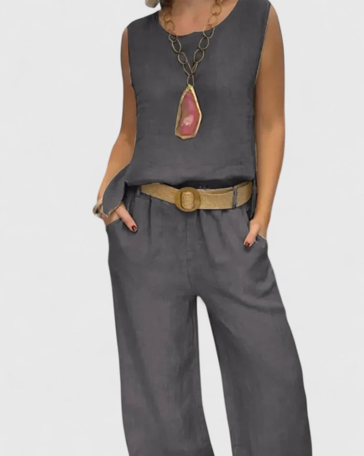 Comfortable women's two-piece set with a belted sleeveless top & wide-leg pants for versatile casual chic.