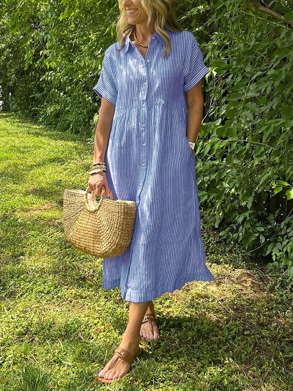 Classic women's elegant striped maxi shirt dress; versatile button-down style, ideal for ladies' summer fashion.