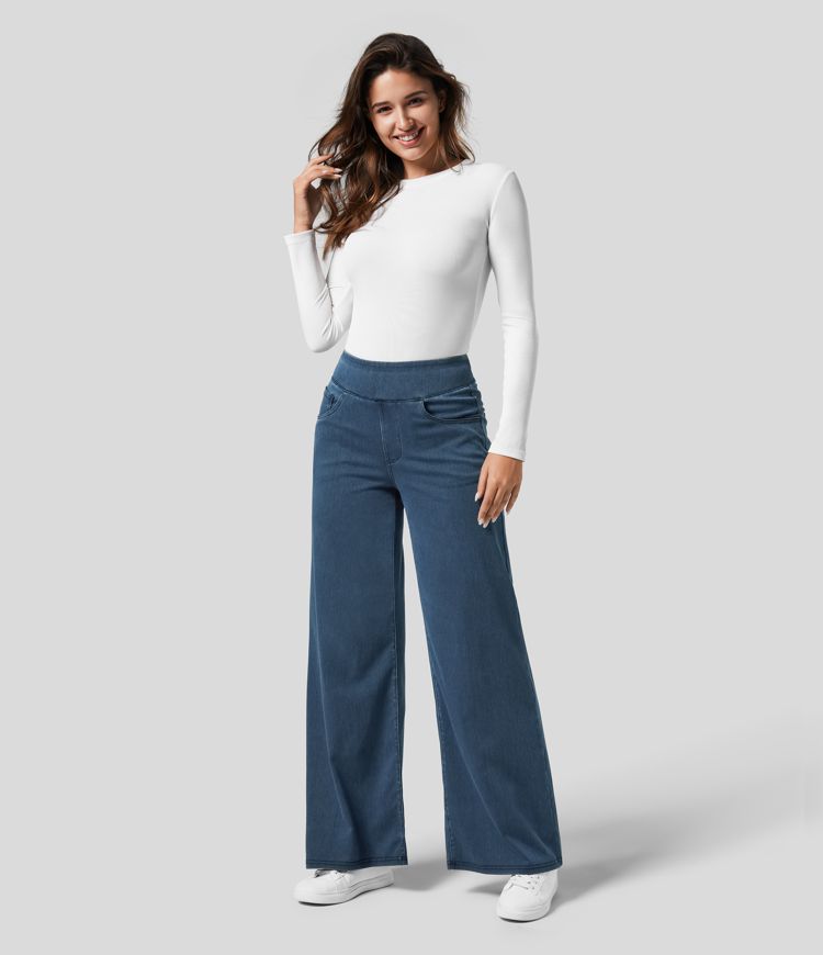 Comfortable dark blue women's wide-leg stretch trousers, high-waisted pull-on style for autumn.