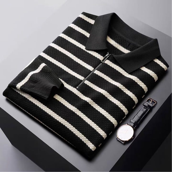 Men's half-zip striped polo shirt, modern casual wear for smart-casual outfits. Comfortable everyday top.