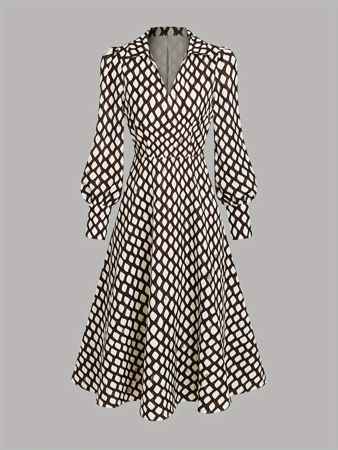 Stylish women's midi dress with unique rhombus print. Long sleeve, elegant geometric pattern.