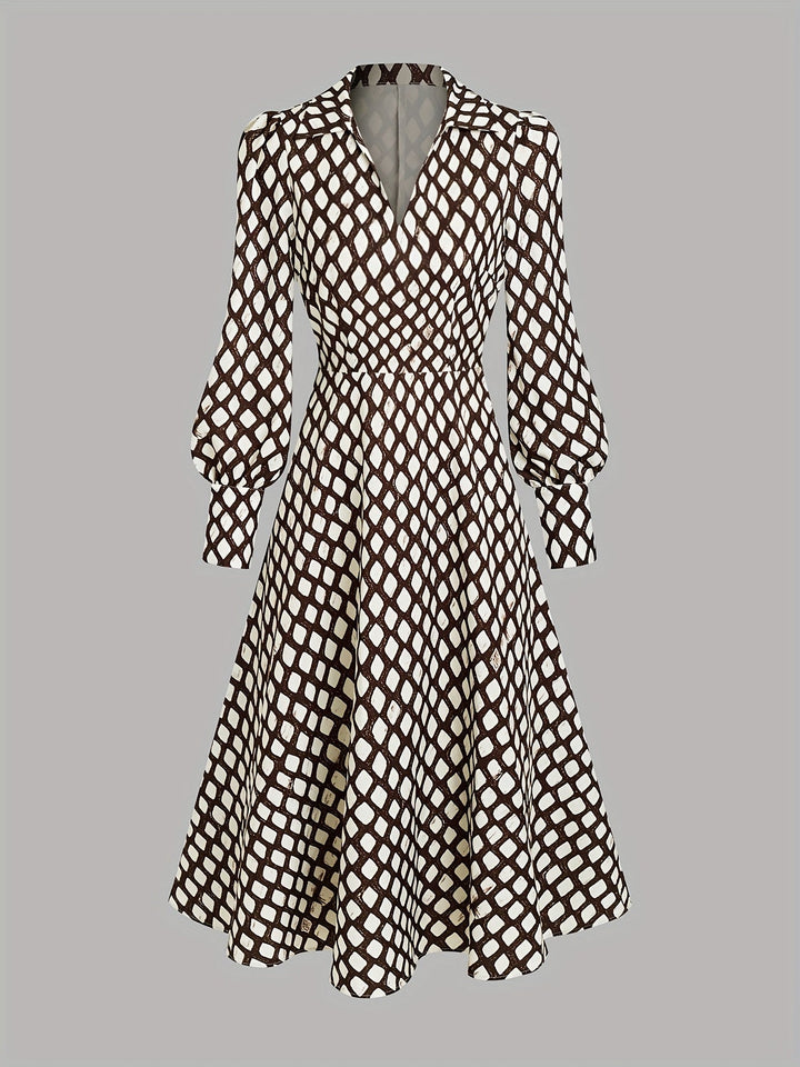 Stylish women's midi dress with unique rhombus print. Long sleeve, elegant geometric pattern.
