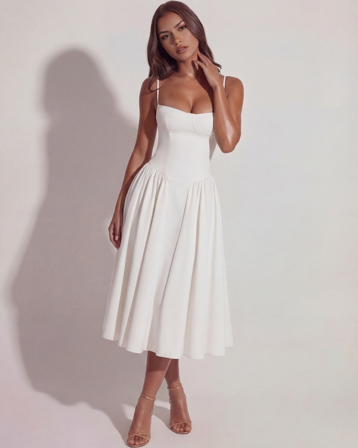 Sophisticated women's midi dress, boned sweetheart, ideal for elegant summer events & party wear.