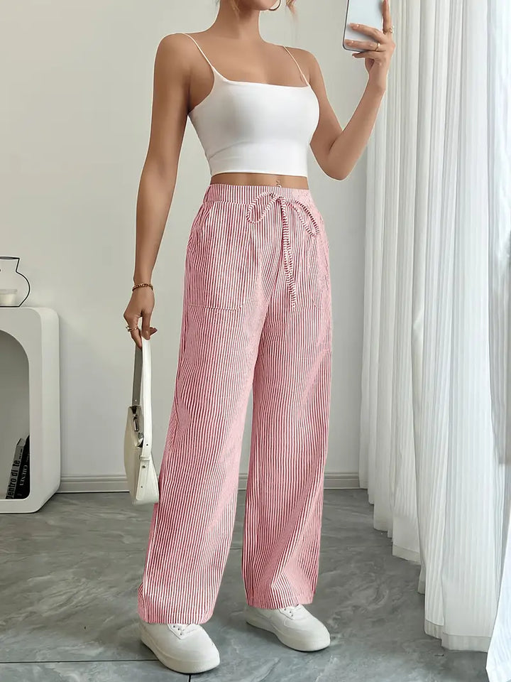 Women's drawstring wide leg pants, elegant stripes & convenient pockets.