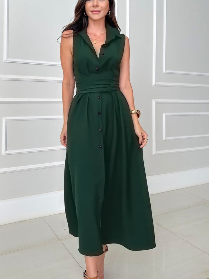 Luxe women's midi dress with a flattering tie waist, great for summer style and versatile occasions.