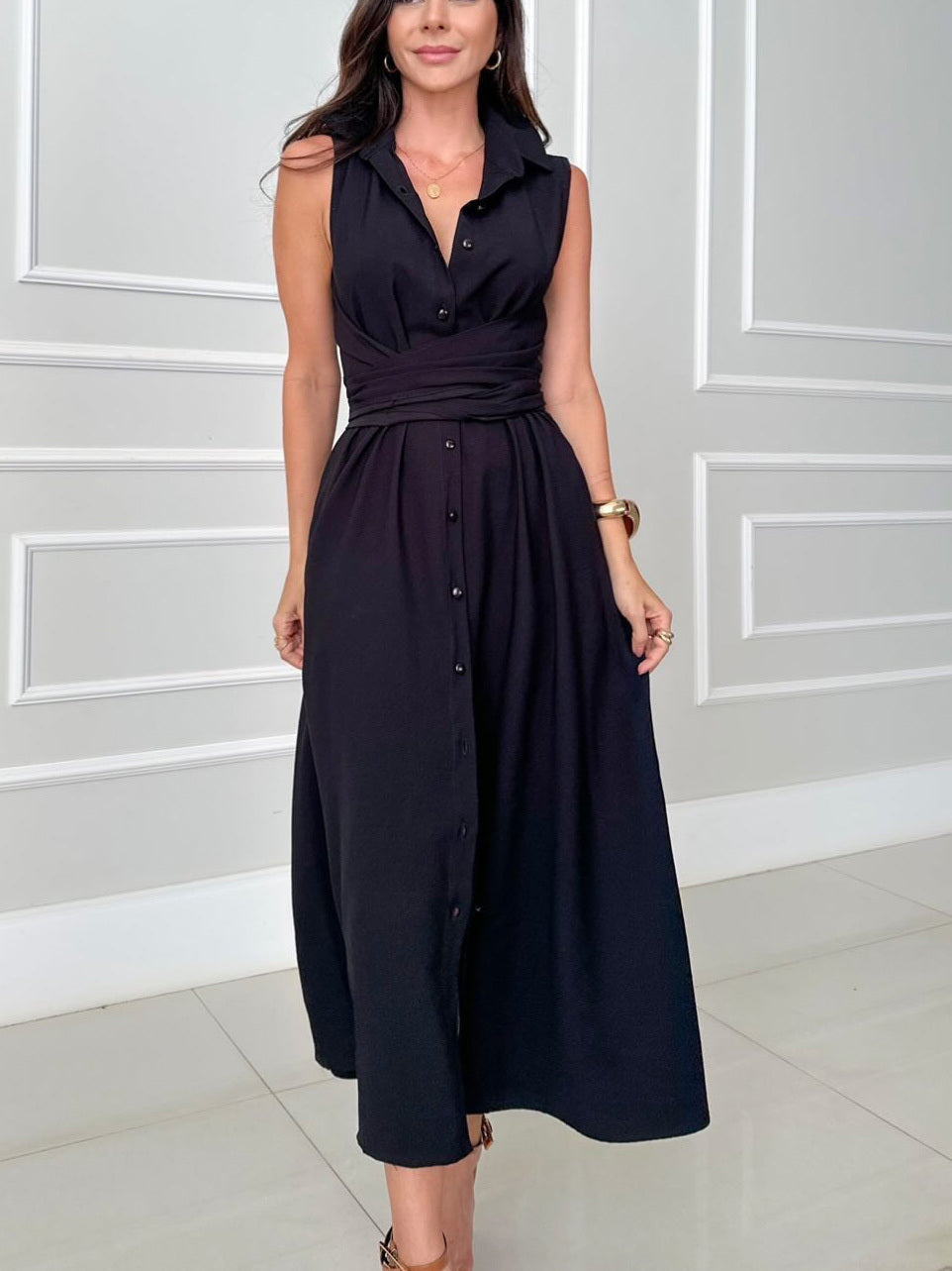 Versatile women's elegant midi dress, a flattering tie waist design for office or casual wear.