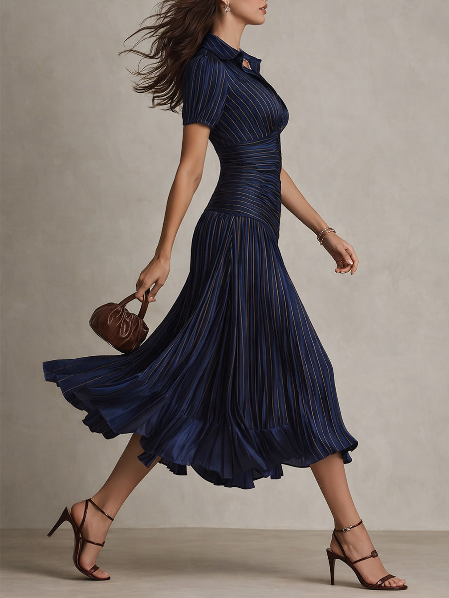 Flattering short sleeve midi dress for women, retro stripes offer elegant and versatile fashion.
