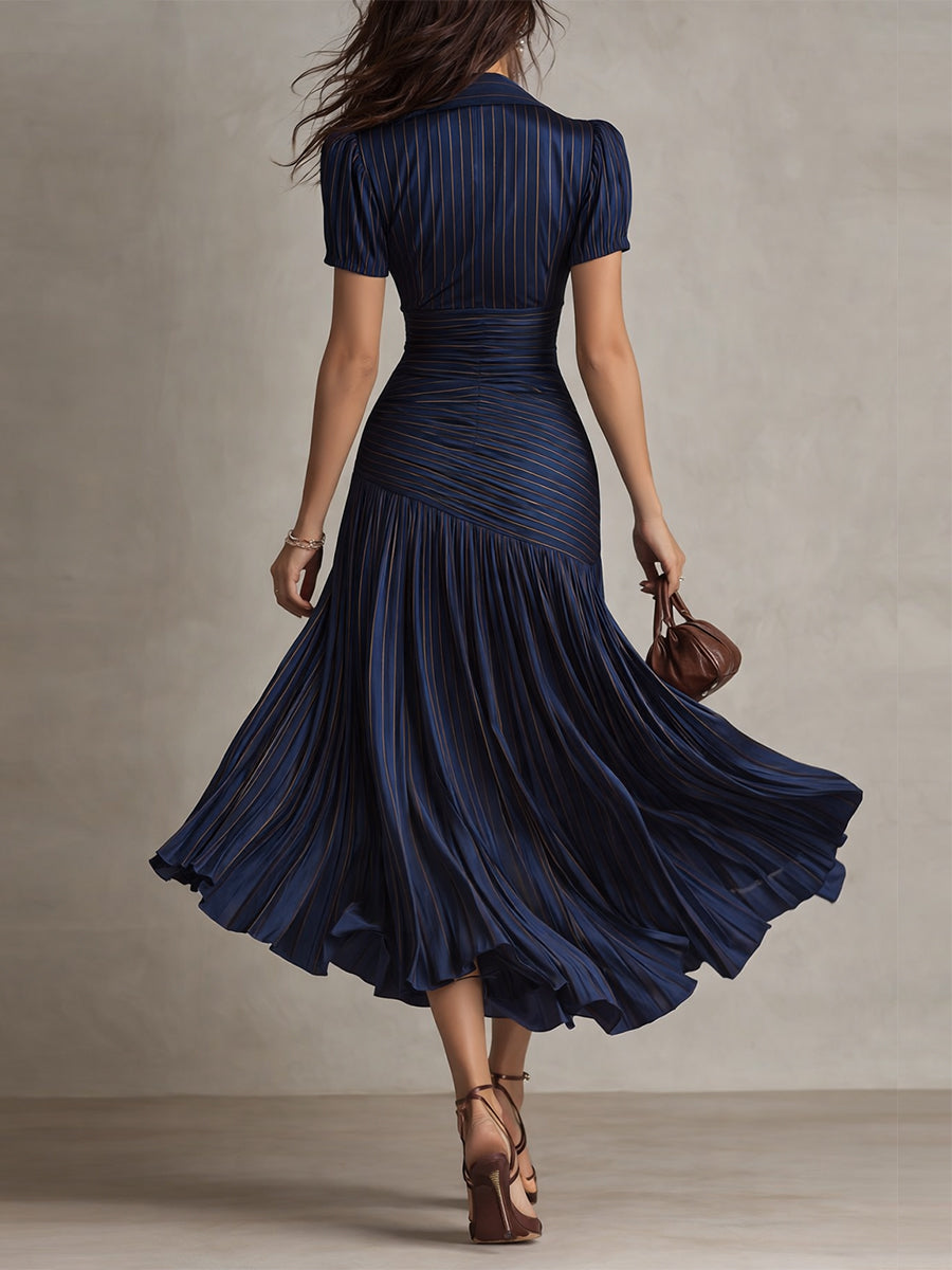Elegant women's retro striped midi dress, perfect for occasion wear & flattering silhouette.