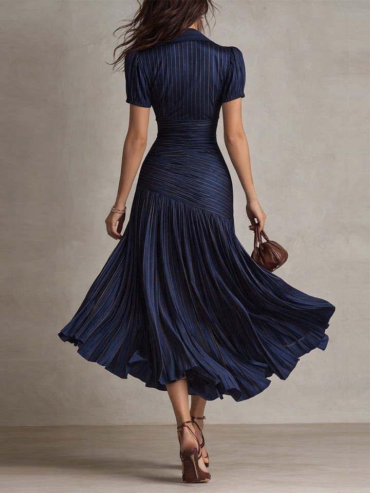 Elegant women's retro striped midi dress, perfect for occasion wear & flattering silhouette.