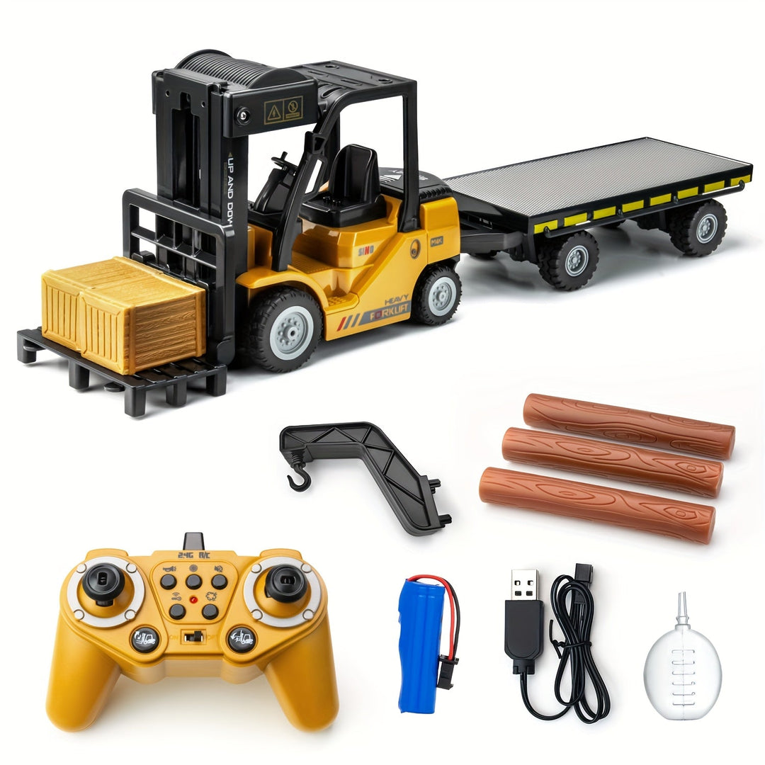 1:24 scale RC forklift truck with working lights and a removable trailer, perfect for kids.