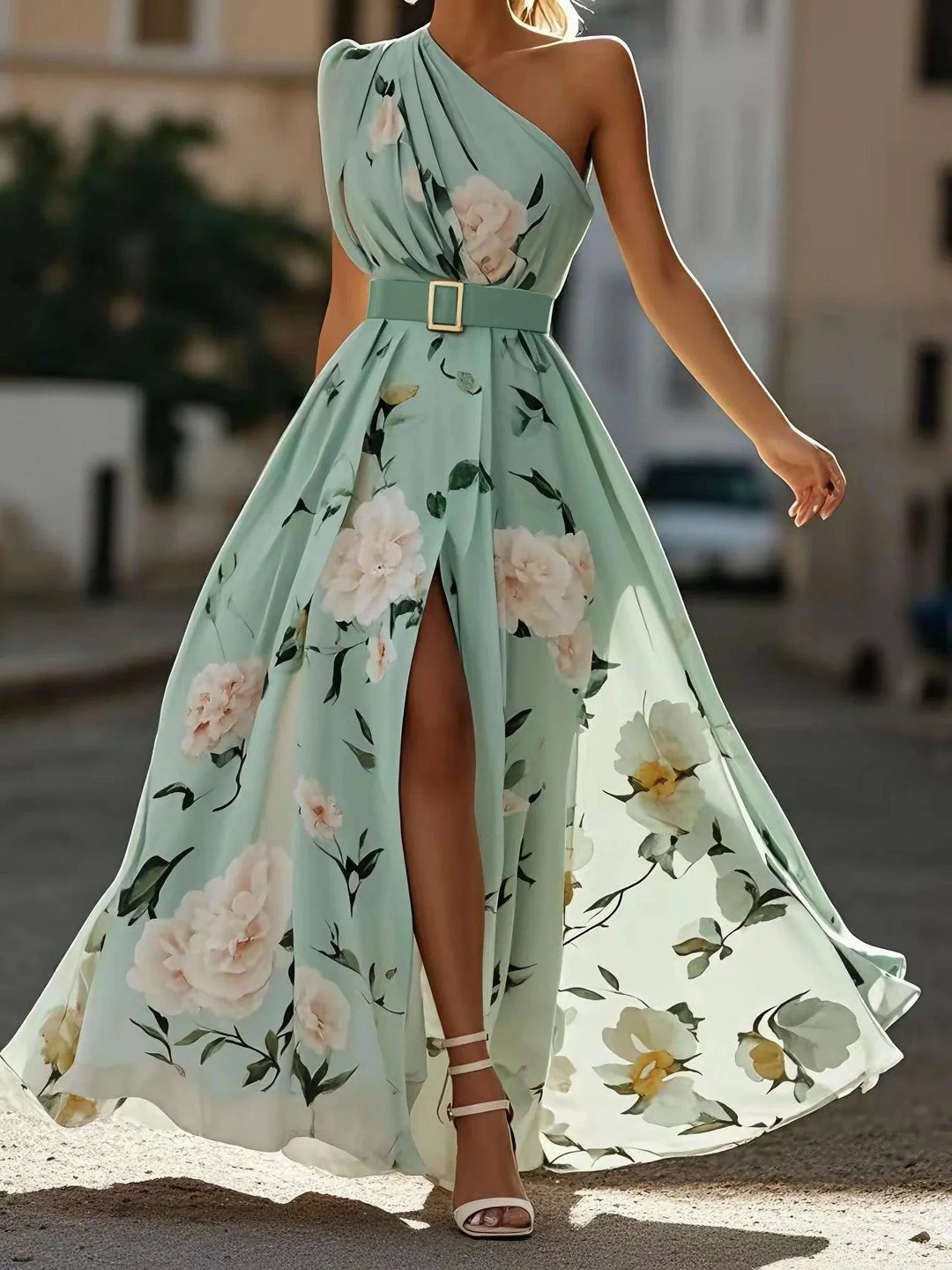 Women's elegant one-shoulder A-line maxi dress with ruched detail, perfect for evening wear.