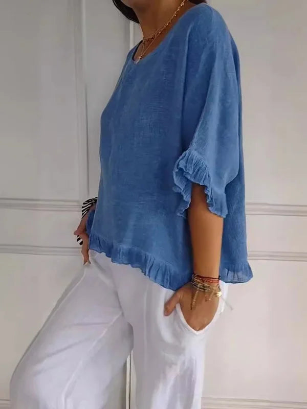 Casual chic women's ruffle blouse, a versatile elegant top for everyday wear & stylish summer looks.