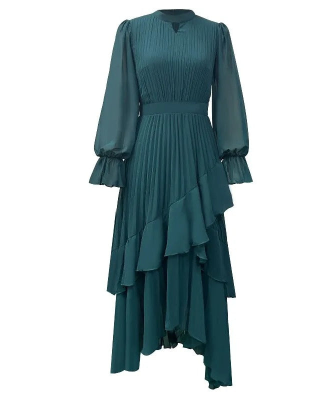 Flowing pleated women's occasion dress, offering a chic and elegant style.