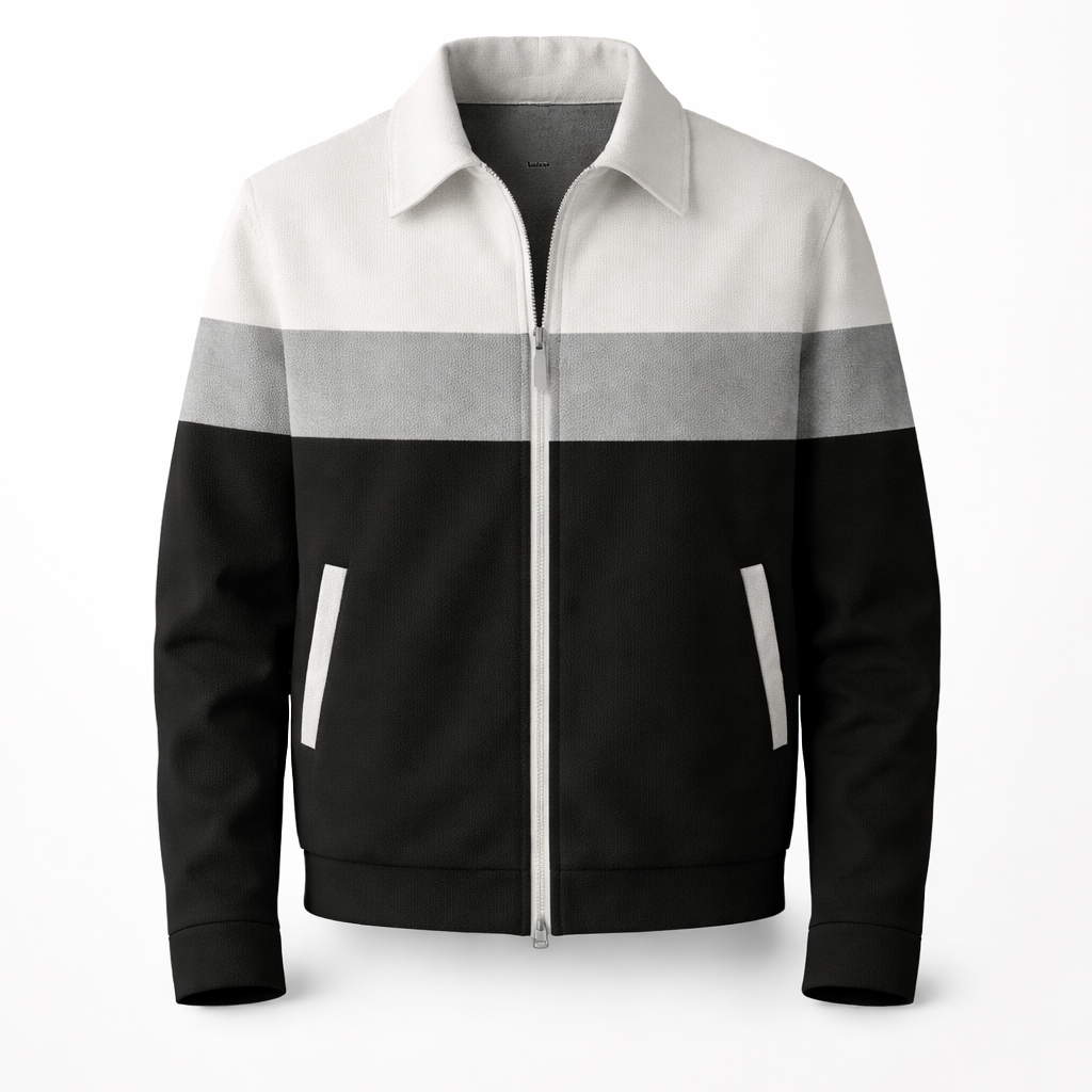 Stylish men's colourblock zip jacket featuring bold contrast panels, a modern choice for casual outerwear.