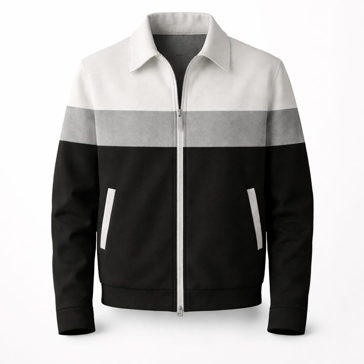Stylish men's colourblock zip jacket featuring bold contrast panels, a modern choice for casual outerwear.