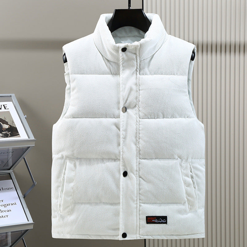 Men's quilted puffer vest featuring a stand collar & snap front, ideal for cold weather layering.