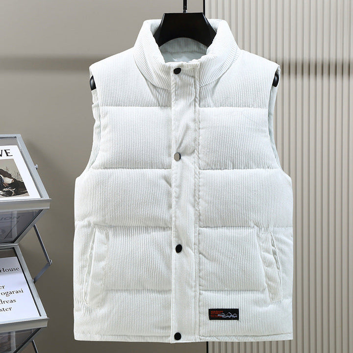 Men's quilted puffer vest featuring a stand collar & snap front, ideal for cold weather layering.