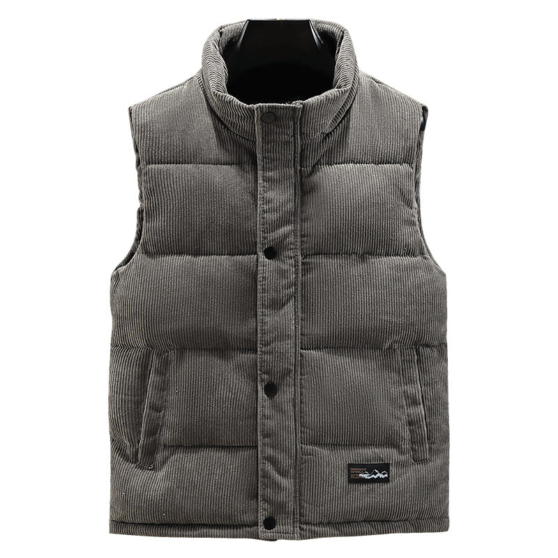 Comfortable men's quilted puffer vest with a stand collar, great for layering & staying warm in winter.