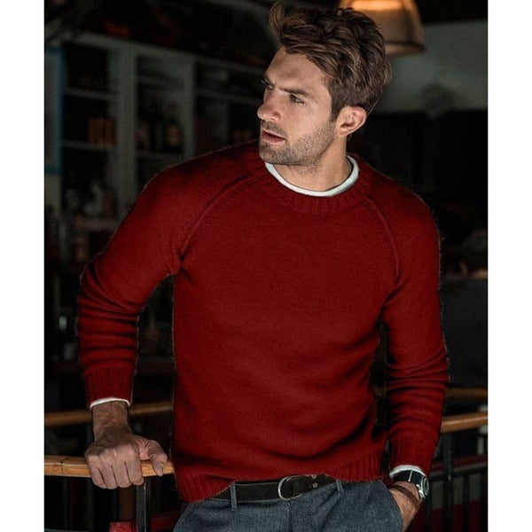 Soft knit men's crew neck sweater, long sleeve pullover ideal for comfortable versatile wear.