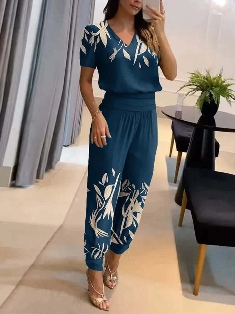 Women's  V-Neck Top & Elastic Waist Pants