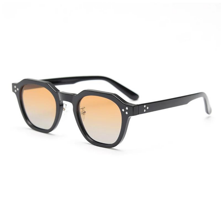 Stylish unisex shades, angular frames, black lenses, UV400.