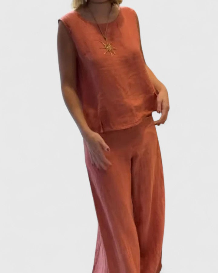 Women's earth-tone two-piece set with a stylish sleeveless top and flowy wide-leg pants.