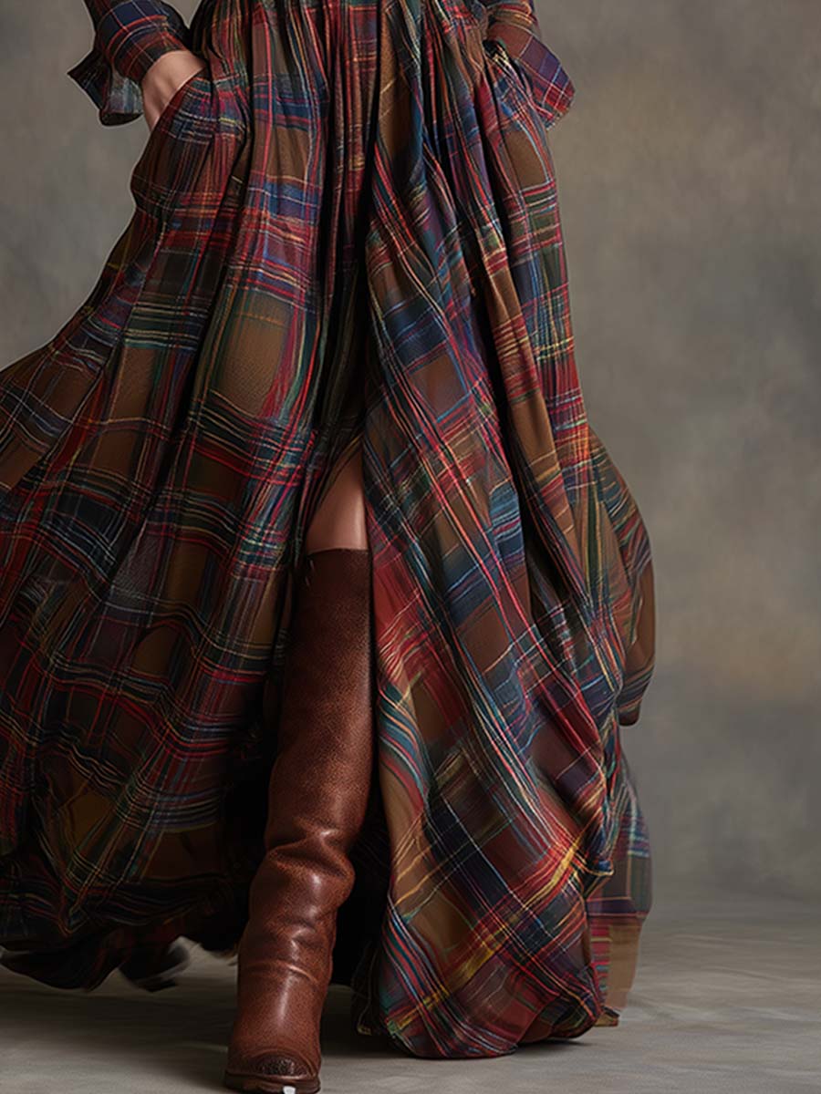 Back view of a women's elegant plaid midi shirt dress, showcasing its flattering cut.