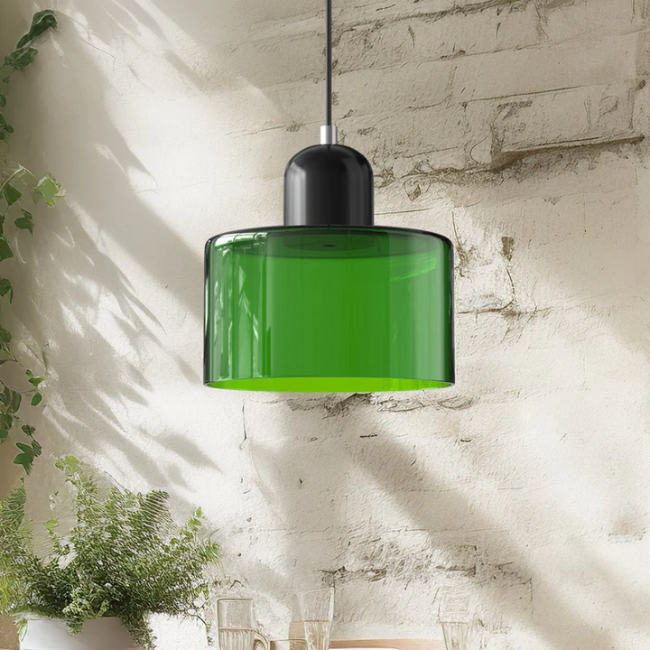 Retro style glass pendant light, adjustable cord, ideal for warm kitchen lighting.