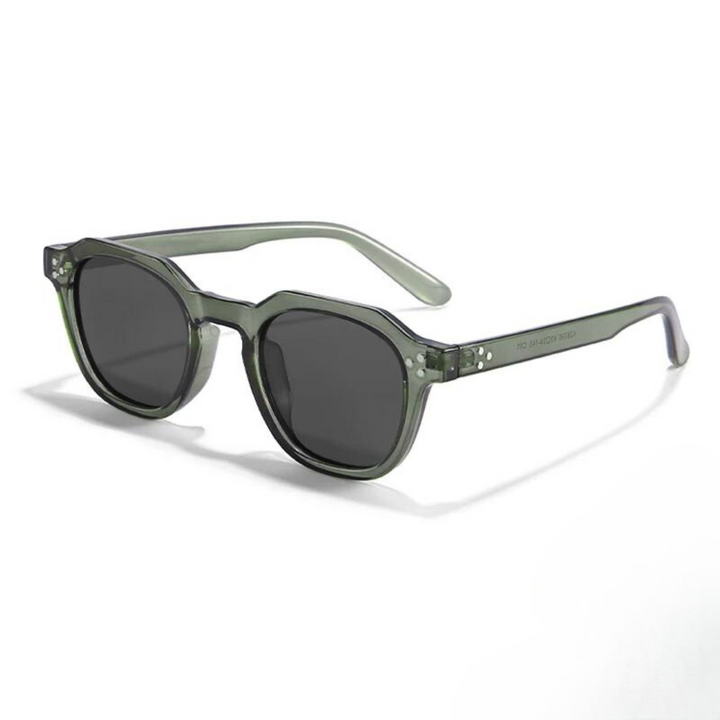 Fashion eyewear: translucent gray angular sunglasses, UV400 protection.