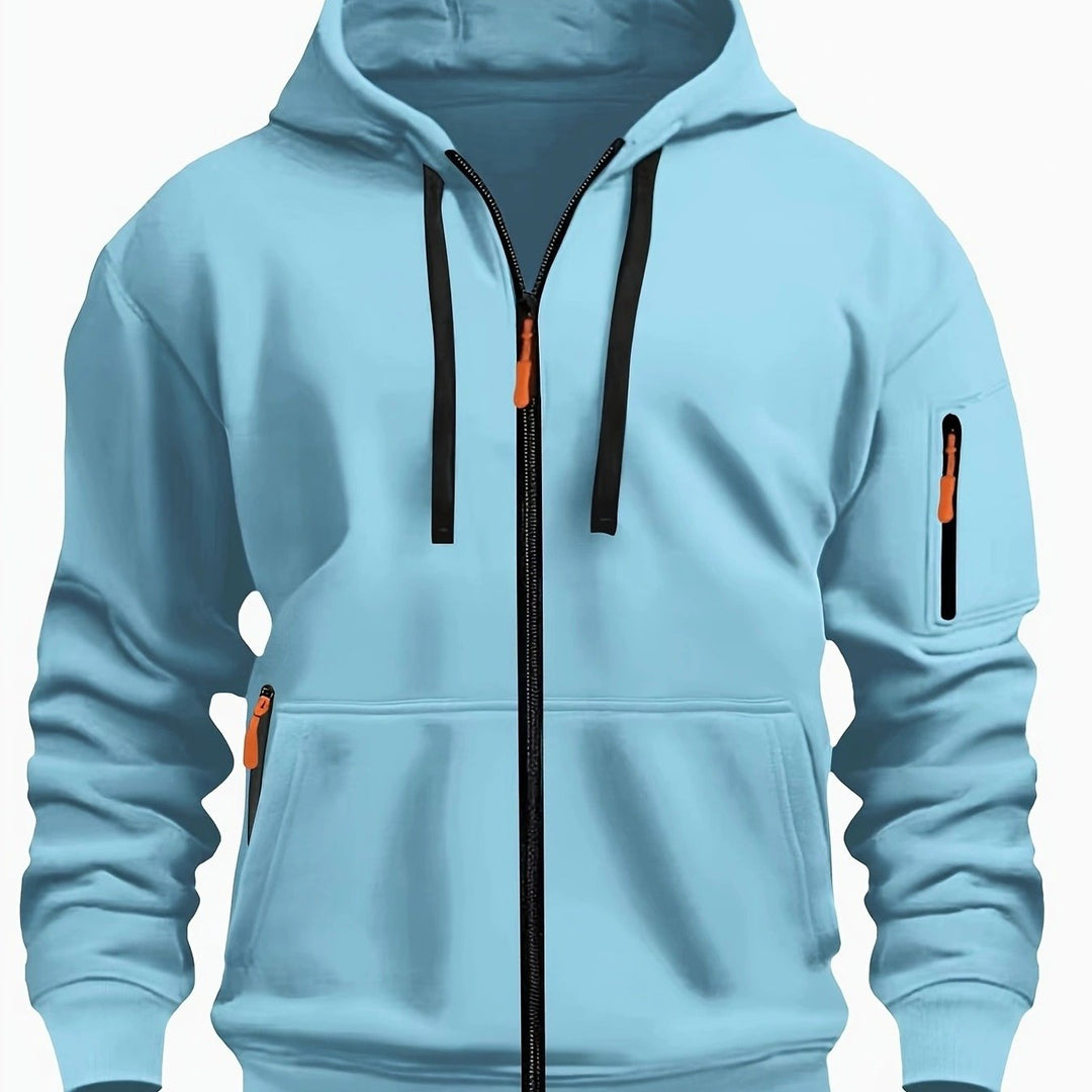 Casual men's full-zip hoodie with ribbed cuffs & hem.