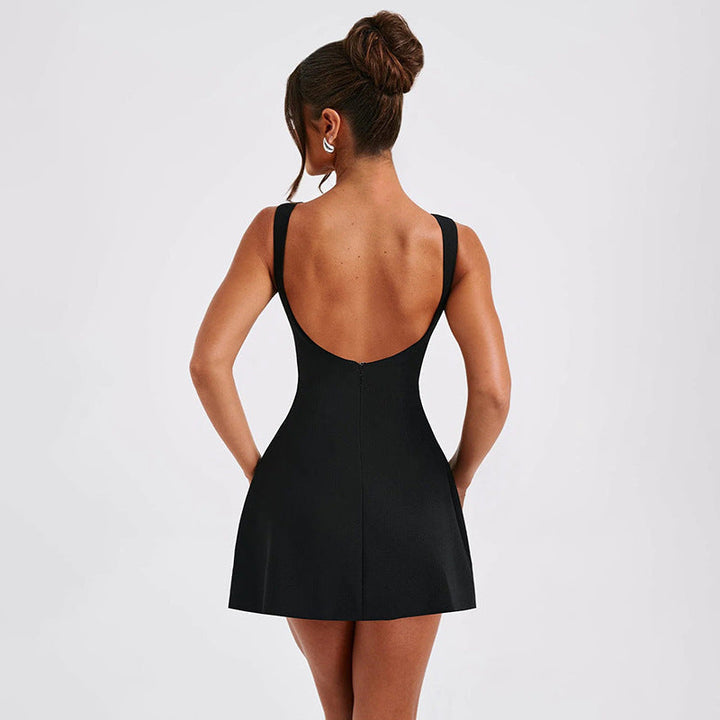 Chic women's party mini dress, sleeveless A-line cut & alluring open back. Perfect for cocktails & evening elegance.