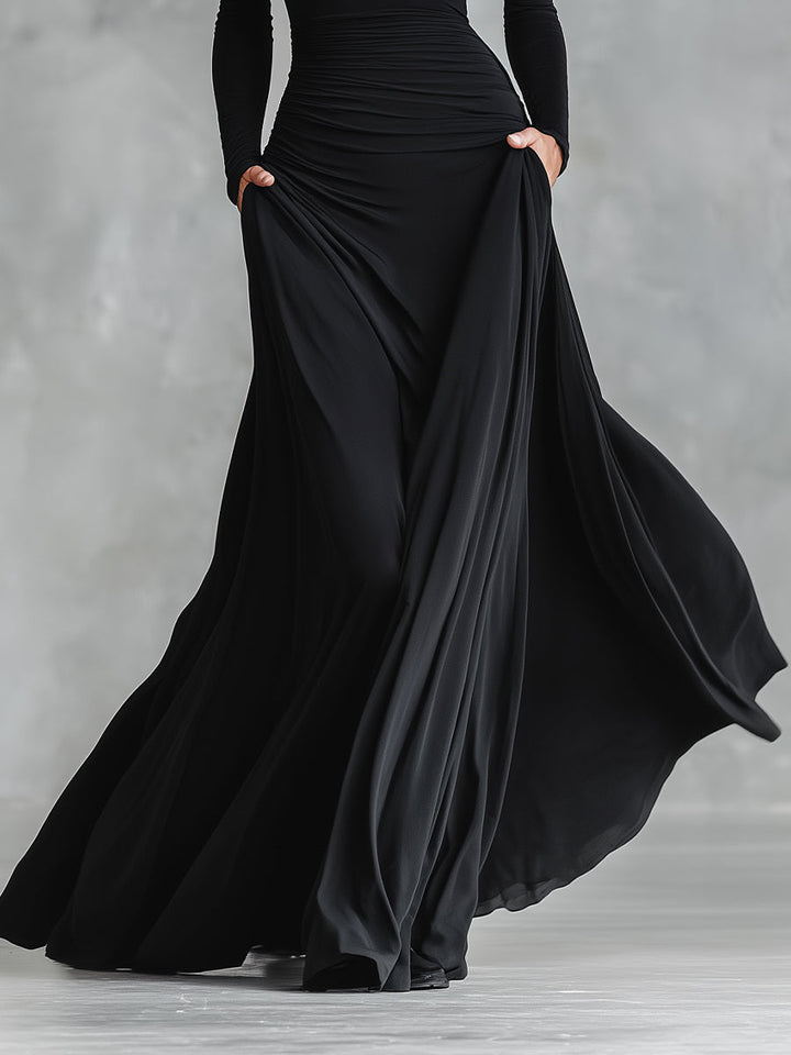Timeless women's elegant black maxi dress, a sophisticated long evening gown for formal events and special occasions.