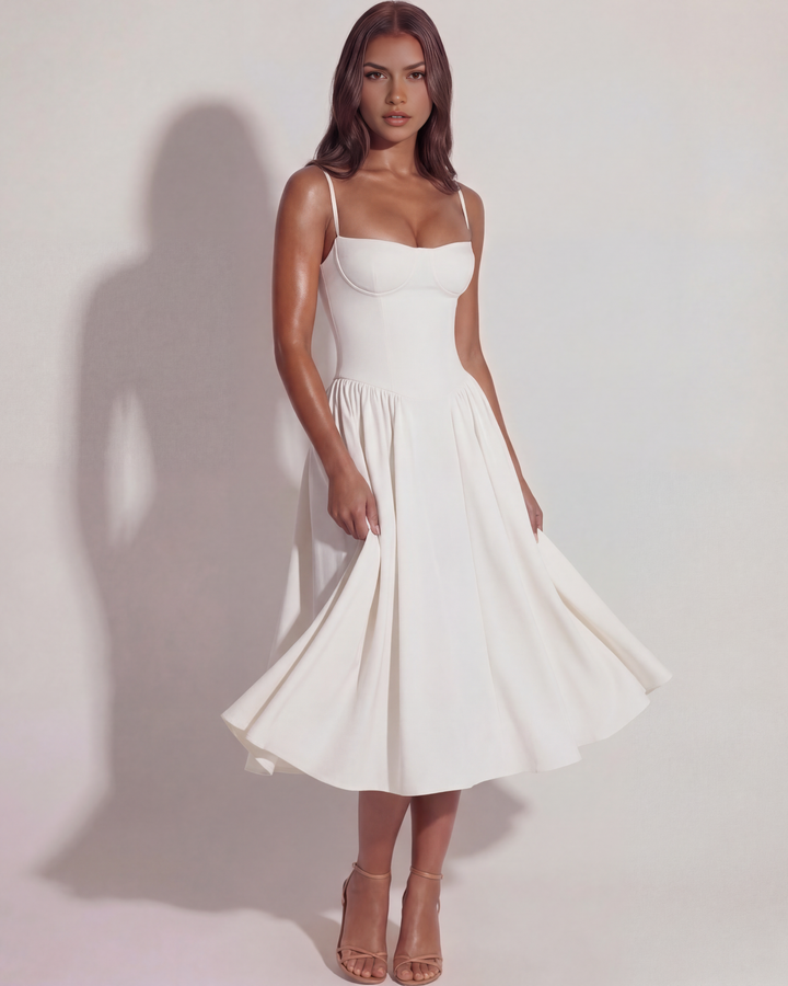 Women's elegant boned sweetheart midi dress with strappy details & a flowing gathered skirt. Perfect occasion wear.