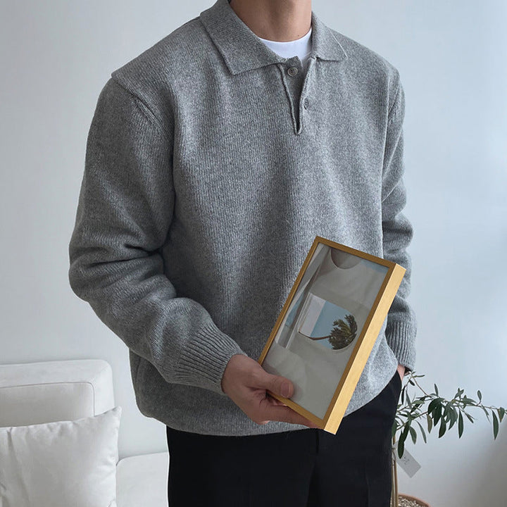 Men's ribbed knit polo sweater with long sleeves, perfect for smart casual fall fashion. Comfortable pullover style.
