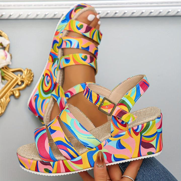 Vibrant multicolour women's platform wedge sandals with ankle strap; comfy for summer fashion, holidays & party wear.