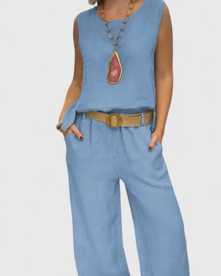 Women's comfortable two-piece set featuring a belted sleeveless top and elegant wide-leg pants in earth tones.