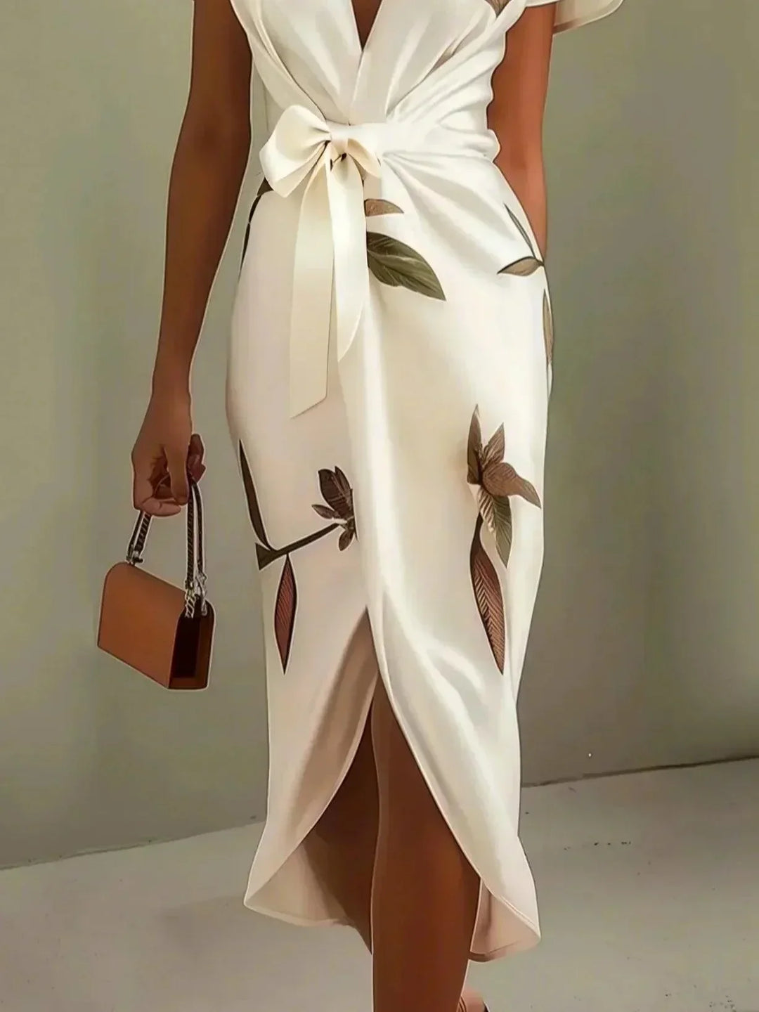 Women's elegant wrap midi dress with flattering silhouette, suitable for weddings, parties & formal events.