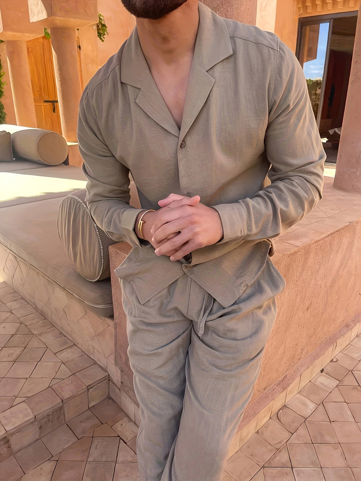 Men's minimalist linen blend two-piece set, breathable for versatile casual & semi-formal fashion.