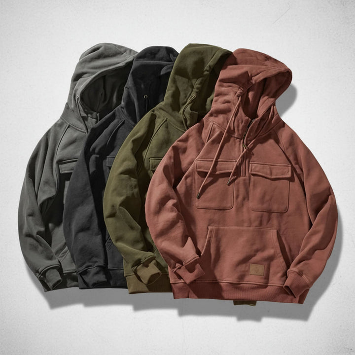 Front view of a men's quarter zip hoodie, highlighting the hood and comfortable relaxed fit for casual wear.