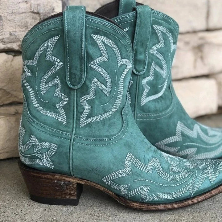 Fashionable embroidered women's western boots; versatile and comfortable for both casual and dressy outfits.