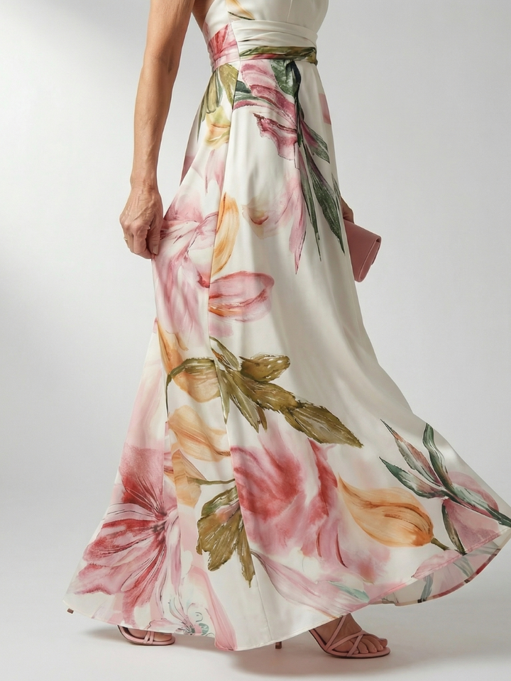 Casual women's floral halter neck maxi dress, ideal for summer. Lightweight & elegant vacation wear.
