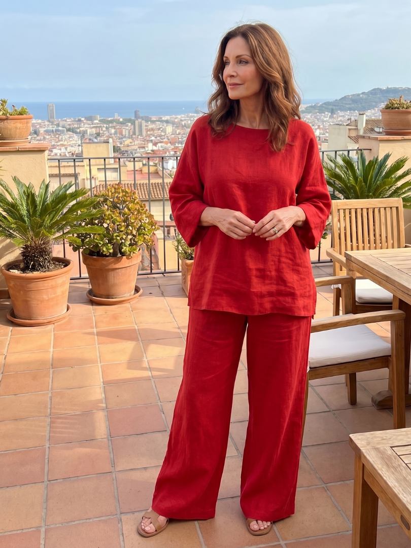 Soft, comfortable women's oversized tunic & wide leg pant loungewear set. Relaxed fit for daily wear.