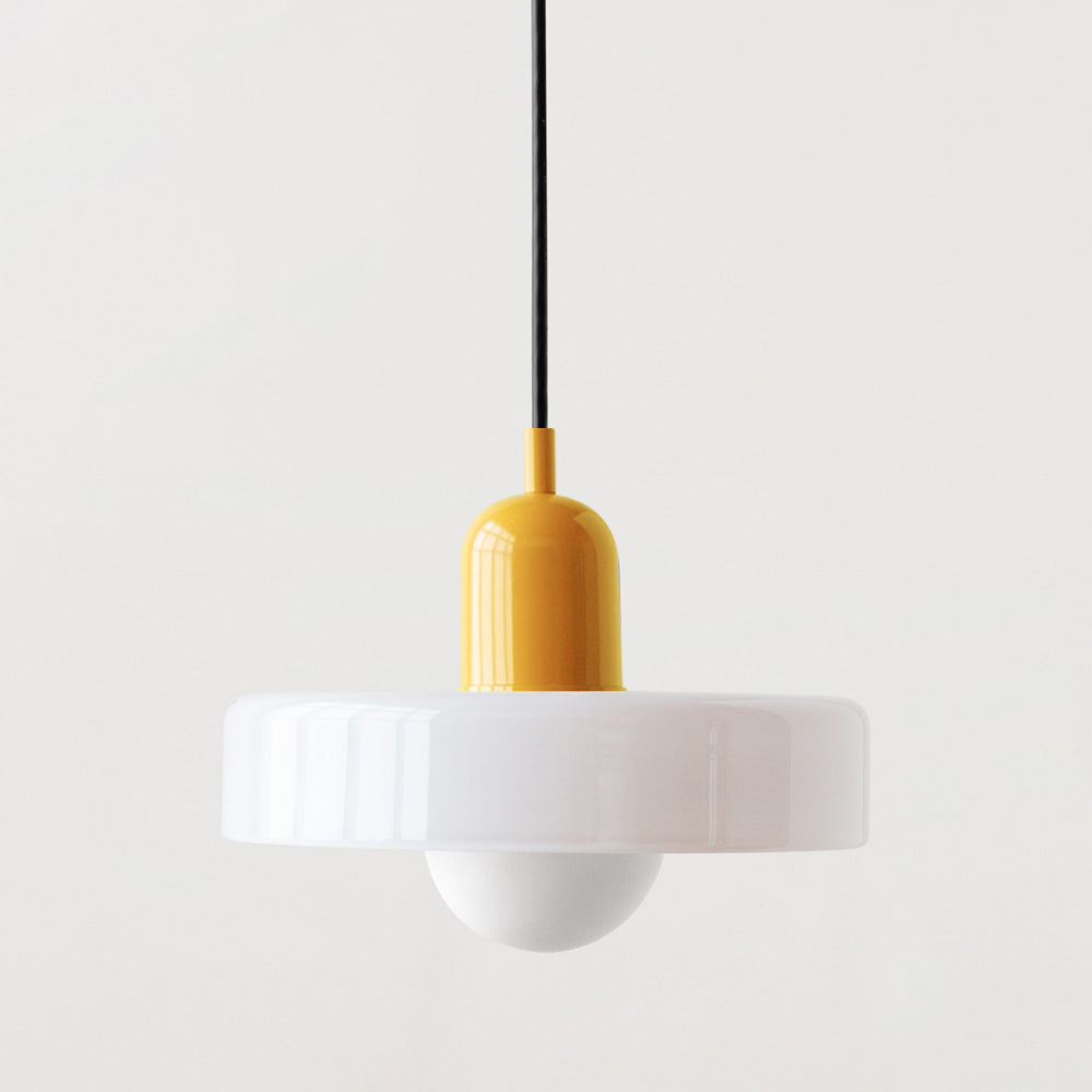 Contemporary colored glass hanging lamp, Bauhaus aesthetic for modern decor.