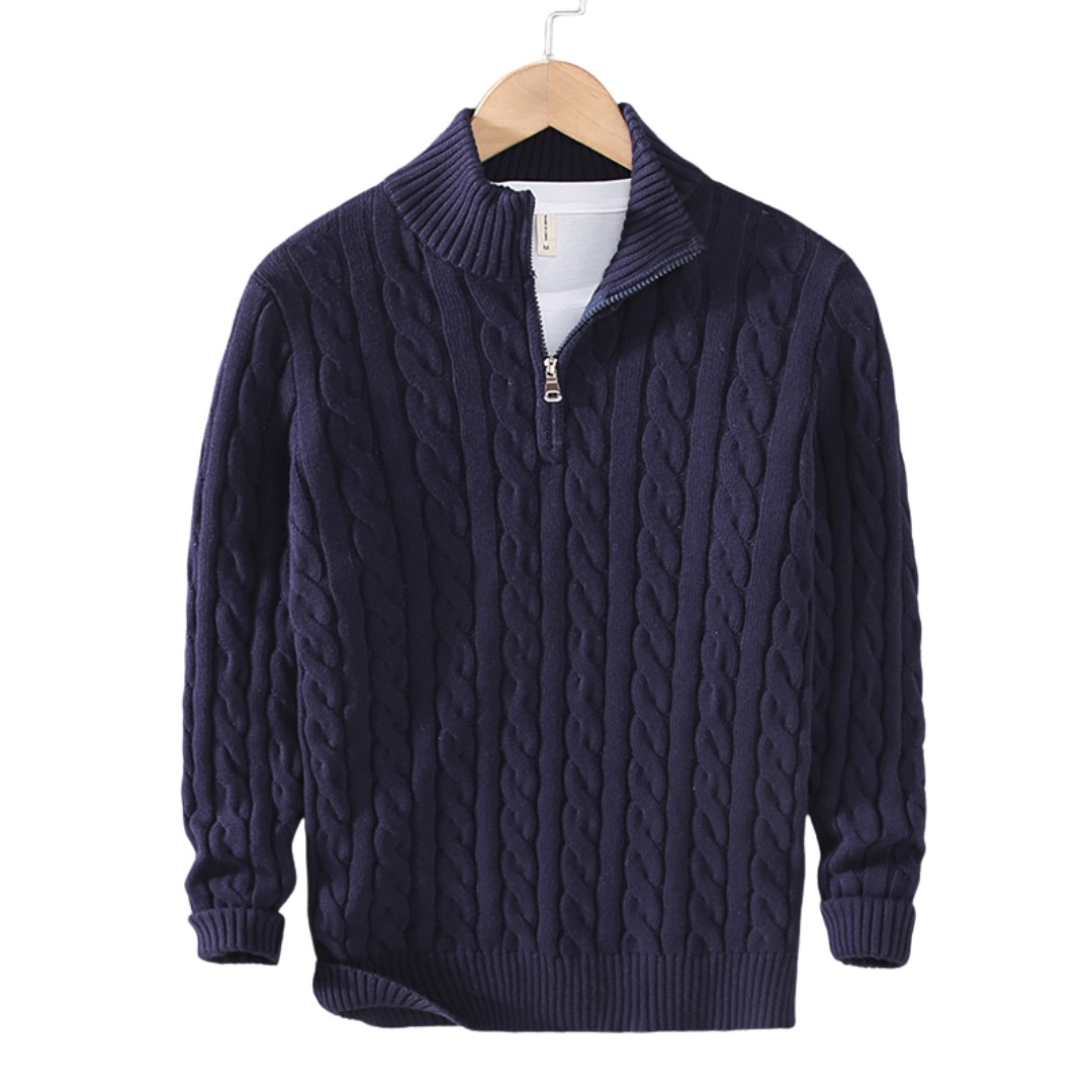 Stylish men's cable knit pullover sweater with a quarter zip and stand collar, offering textured knitwear comfort.