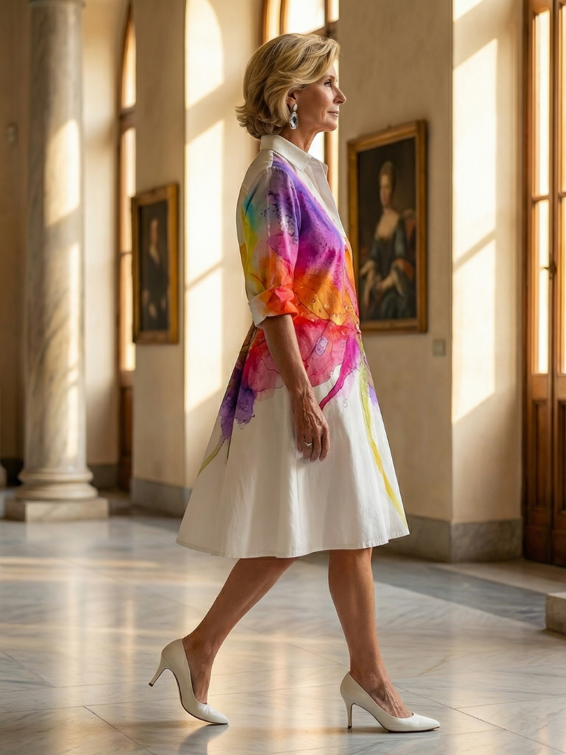 Women's floral midi dress featuring a painted garden print, button front & three-quarter sleeves for summer style.