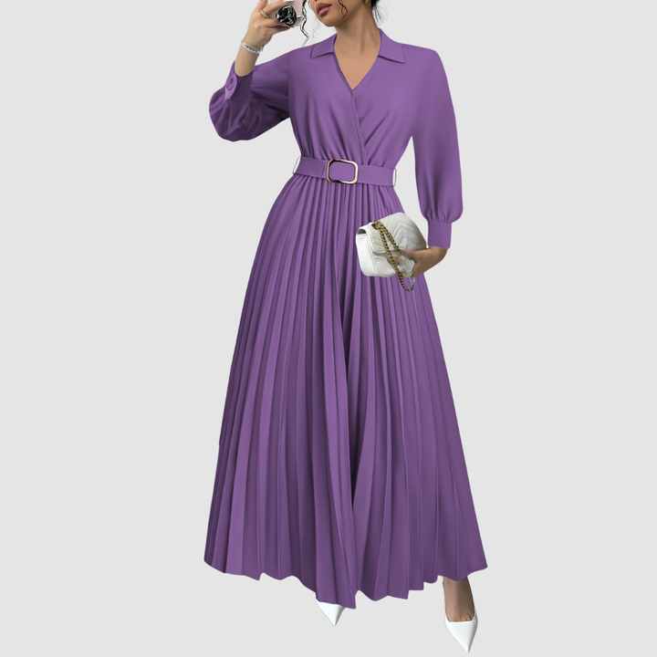 Women's formal pleated V-neck midi dress with long sleeves. Chic and elegant for special events.