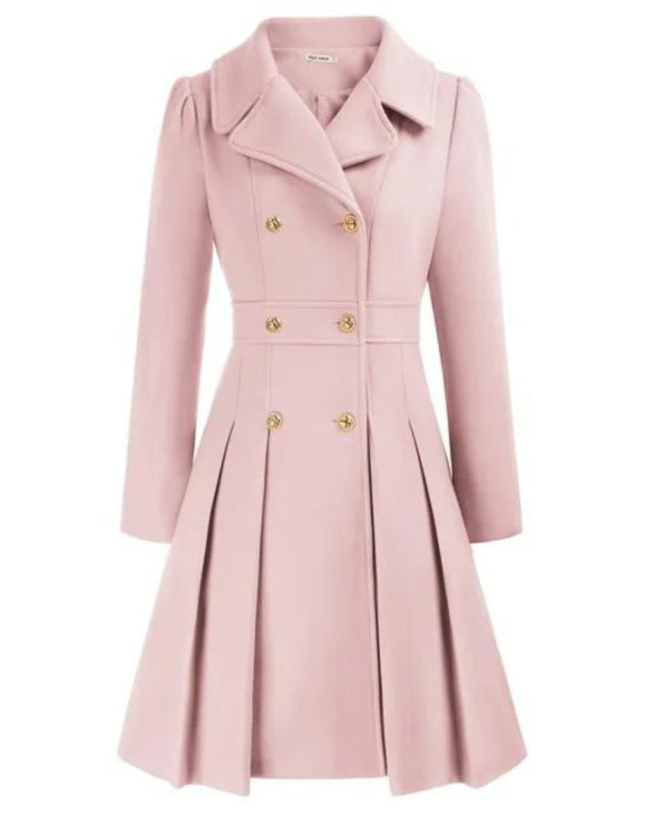 Distinctive pleated longline winter coat for women, offering an elegant and fashionable silhouette.
